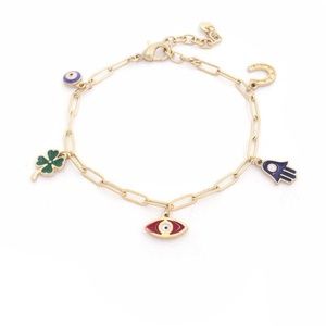 Hamsa Hand Colored Charm Oval Linl Bracelet